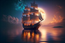 Tall Ship At Night To Steer By Generative AI