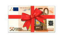 Geldgeschenk, Geldschein Geschenk 50 Euro Schein Mit Geschenk Schleife,
Vektor Illustration Isoliert Auf Weißem Hintergrund

