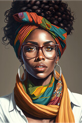 Wall Mural - Gorgeous woman portrait, wearing an orange and green scarf,  headscarf, glasses and big earrings