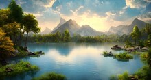 Beautiful Landscape Green Island Scene, Forest With Green Trees, Lake And Sunrise Scene