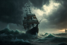 Flying Dutchman, Ghost Ship. A Legend That Exists Throughout The World. Generative AI.