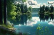 Serene lake in the summer. Generative AI