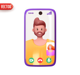 Aufkleber - Mobile phone video communication on screen happy man. Chat friends live. Mobile application for video calls. Smartphone virtual communication. Stylish design in cartoon 3d style. Vector illustration