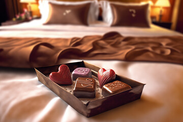 Wall Mural - Chocolate in a tray on a hotel bed - Generative AI