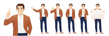 Young Business Man In Casual Clothes Different Gestures Set Isolated Vector Illustration