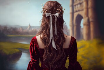 illustration of beautiful woman wearing hair braid with bow and flower with nature and ancient castl