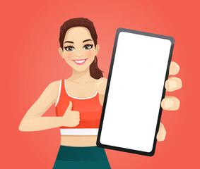 Sport young woman showing blank screen phone with thumb up isolated vector illustration