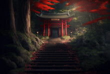 In Front Of The Stairs Leading Up To The Red Japanese Shrine In The Deep Forest, A Big Tree, Red Leaves Fall On The Stairs With Generative AI