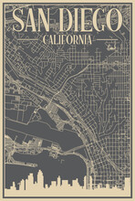 Grey Hand-drawn Framed Poster Of The Downtown SAN DIEGO, CALIFORNIA With Highlighted Vintage City Skyline And Lettering