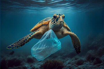 Wall Mural - Underwater concept of global problem with plastic rubbish floating in the oceans.  turtle in caption of plastic bag