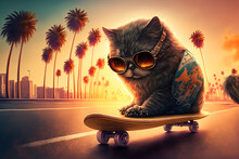 Cat Skateboarding, Wearing Glasses. Generative AI	