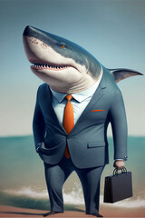 Human-like shark at the beach wearing a business suit carrying a briefcase, shark boss, evil boss, generative ai, seaside, suit and tie