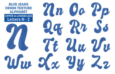 Poster - Blue jeans denim alphabet set, includes font or letters in both uppercase and lowercase, numbers, punctuation marks and currency symbols.