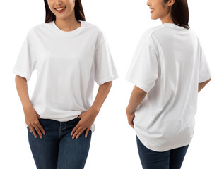 Poster - Young woman in white oversize T shirt mockup isolated on white background with clipping path.