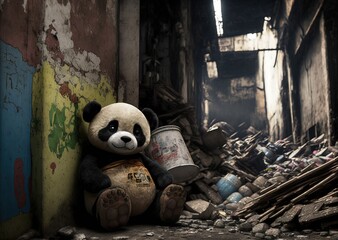 Wall Mural - Homeless panda teddy bear in dirty city slums alone and emotionally sad; forgotten, discarded and lost surrounded by abandoned destroyed building ruins - Generative AI illustration.