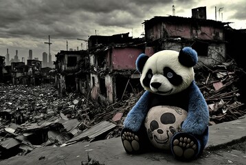 Wall Mural - Homeless panda teddy bear in dirty city slums alone and emotionally sad; forgotten, discarded and lost surrounded by abandoned destroyed building ruins - Generative AI illustration.
