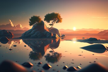 Wall Mural - beautiful natural landscape clear water surface look like mirror reflection with sunset background, Generative Ai