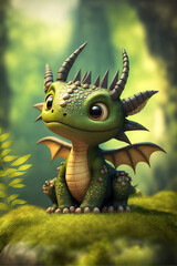 proud green baby dragon on mossy ground, generative AI