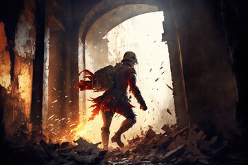 Wall Mural - Warrior fighting scene. Flame. Medieval times. fantasy scenery. concept art. generative AI