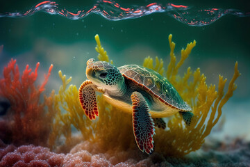 Baby turtle under the sea water. Sea turtle in wild nature. Underwater photo with tortoise. Generative AI