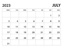 Calendar 2023 Template - July 2023 Vector On White Background, Week Start On Monday, Desk Calendar 2023 Year, Wall Calendar Design, Corporate Planner Template, Clean Style, Horizontal Template
