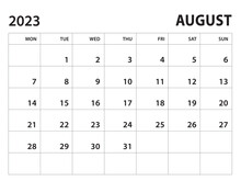 Calendar 2023 Template - August 2023 Vector On White Background, Week Start On Monday, Desk Calendar 2023 Year, Wall Calendar Design, Corporate Planner Template, Clean Style, Horizontal Template