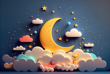 Imaginative Cartoon Moon, Stars, And Clouds Depicting A Night Sky. Aspect Of Bright Design Composition. Children's Soft Toys, Clay, Or Plastic. Rich In Color. Generative AI