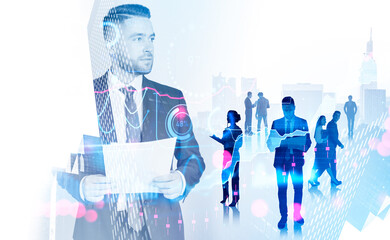 Wall Mural - Business people wearing formal wear having conference meeting holding notes and clipboard. City skyscrapers and forex hologram in background. Concept of pondering colleagues, lawyer, contract, trading
