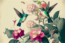 Vintage Floral Pattern With Hummingbirds, Ideal For Decorative Backgrounds, Generative AI