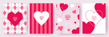 Happy Valentine's Day Set Of Simple Cards, Banners Or Backgrounds With Heart Frame And Pattern In Modern Flat Style For Decor, Greetings, Packaging, Print, Web, Promo, Sale