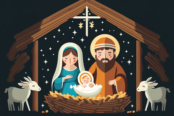 Wall Mural - Christmas nativity scene including Mary and Joseph and Baby Jesus in the Manger art of a traditional Christmas tale for kids 10. Generative AI