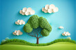 © Create image - Beautiful fluffy cloud, blue sky background, summer sun, butterfly, green grass lawn, paper cut tree. Vector illustration. Eco friendly banner design, ecosystem concept. Generative AI