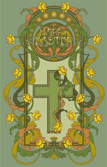 Wall Mural - Happy Easter invitation card. Floral frame in art nouveau style, vector illustration