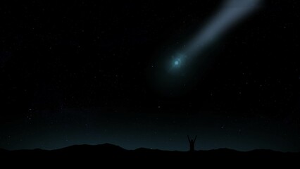 Wall Mural - silhouette of a person observing a comet in the blue starry sky at night. comet of the year devil co
