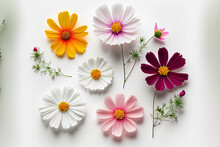 Cosmos Blossoms In Vibrant Colors, Isolated On A White Backdrop. Nature. Generative AI
