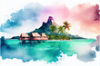  Watercolor painting of a tropical Tahiti island in French Polynesia. generative AI
