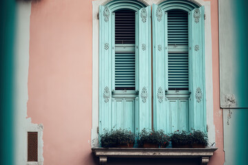 Wooden window shutters against a wall painted in a soft pink tone. The front of an apartment building has shuttered windows in a light blue European style with decorative frames. Generative AI