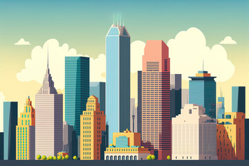 Poster - A panoramic picture of contemporary skyscrapers and towers in a commercial district. Horizontal view of a downtown or financial district in the summer. artwork of a colored flat cartoon. Generative AI