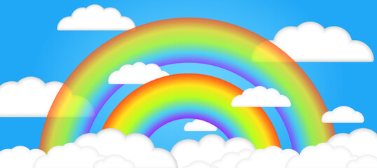 Beautiful summer 3d clouds in blue sky with realistic transparent 3d rainbow. Children vector illustration. Three dimensional style. Place for text. Kids cartoon illustration for flyer or banner. 