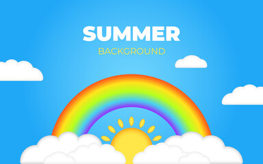 Beautiful summer 3d clouds in blue sky with realistic 3d rainbow and sun. Children vector illustration. Three dimensional style. Place for text. Kids cartoon illustration for flyer or banner. 