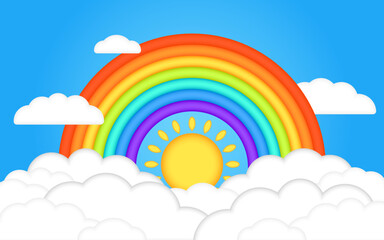 Beautiful summer 3d clouds in blue sky with realistic 3d rainbow and sun. Children vector illustration. Three dimensional style. Kids cartoon illustration for flyer or banner. 