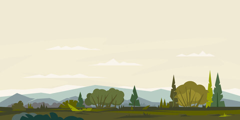 Nature landscape with hills and mountains, bushes with trees and spruces, ground with grass, sample geometric shapes, game background, panorama