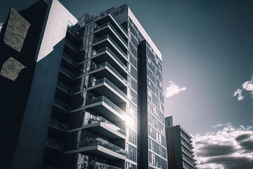 Canvas Print - Exterior of a modern housing complex in daylight. Stylish apartment towers with a beautiful sky on a bright day. Modern apartment building's facade. Generative AI