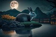 chinese rabbit under the moonlight by a river, year of the rabbit, chinese lunar new year 2023. Generative AI