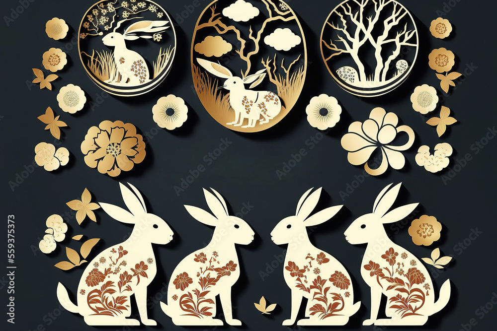 Chinese Rabbit Papercut Pattern Cute rabbits set. Chinese Lunar new year colletcion. Traditional ...