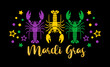Mardi Gras decor. Beads, three lobsters, 3 crayfish clip art. Fat Tuesday decoration print