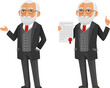 funny cartoon illustration of an old man in elegant black suit, gesturing or holding a contract with red seal. A senior lawyer, professor or businessman.