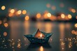A candle in an origami boat on the water with a bokeh background - AI generative art