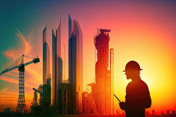 Double exposure of builder silhouette and construction works poster design made with Generative AI