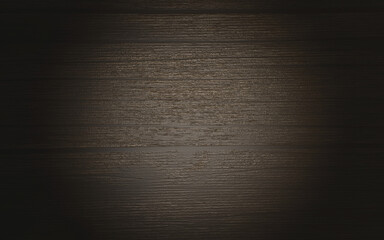 Wall Mural - 3D render of dark brown wooden plank texture with spot light on center, top view, copy space